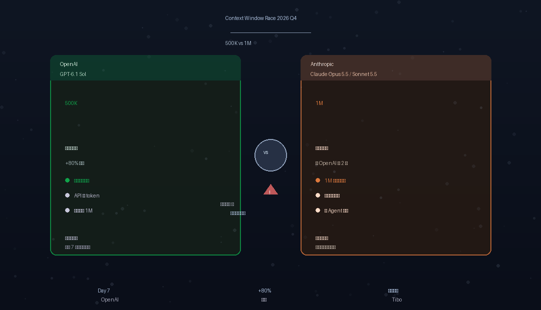 上下文窗口赛道 2026 Q4：OpenAI GPT-6.1 Sol 500k 默认 vs Anthropic Claude Opus 5.5/Sonnet 5.5 1M 默认 双面板对比